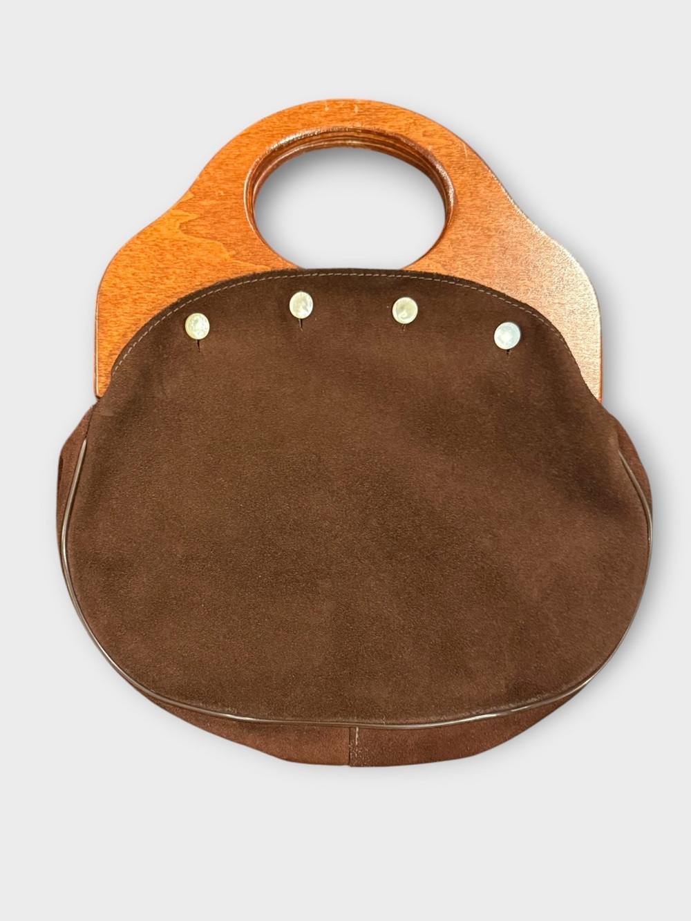 Vintage Suede Bermuda Handbag with Dark Brown Suede Cover and Wooden Handle